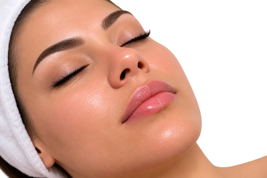 Mulher relaxada, de olhos fechados e com toalha nos cabelos, durante um cuidado facial